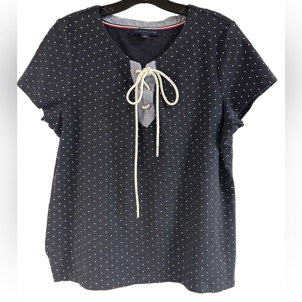 Tommy Hilfiger Blue Polka Dot Tie Neck Top Size L